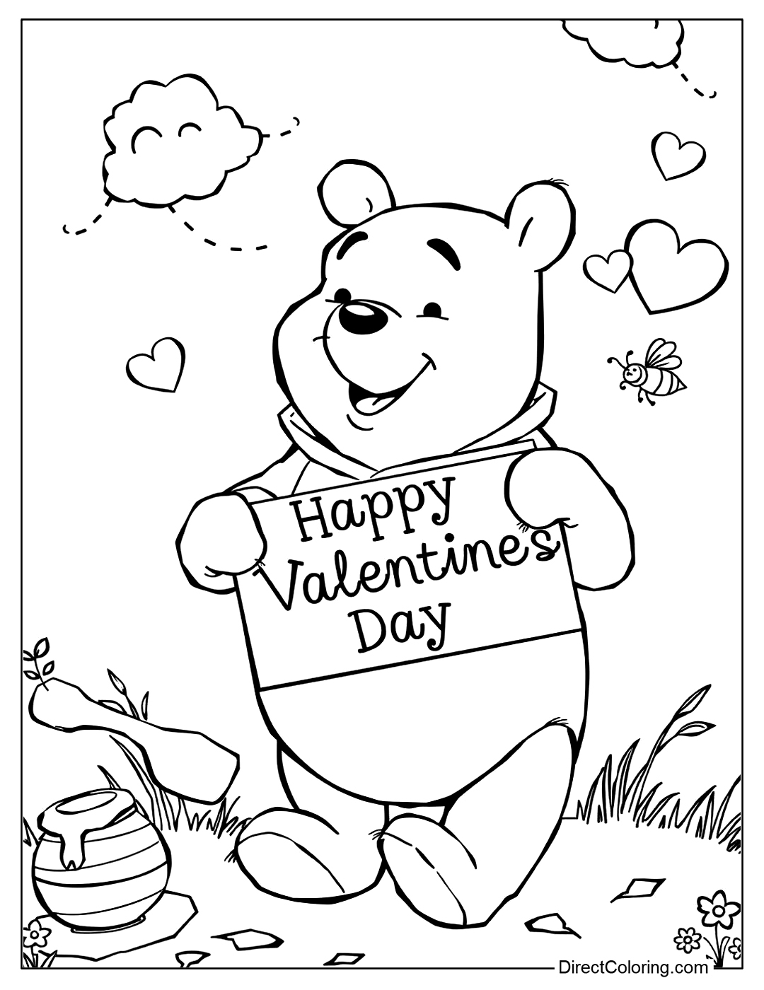 Winnie the Pooh Happy Valentine's Day Color Page